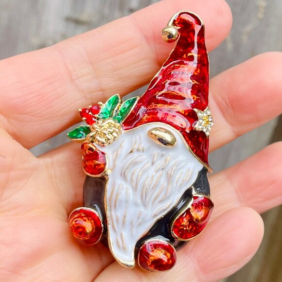 Gnome Brooch Christmas Brooch Holiday Gnome Brooch - Picture 1 of 5